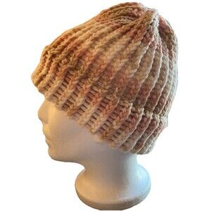 Handmade chunky multicolor knit beanie hat for adults, cream pink, 8-inch size